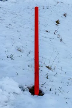 Red marker pole standing in winter snow field Stock Photos