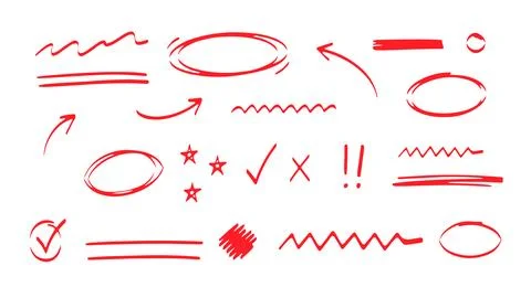 Red marker stroke underline circle set felt tip style office tool illustration 스톡 일러스트