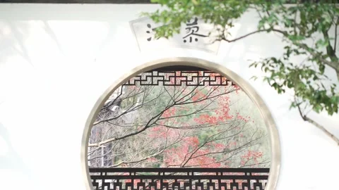 Red marple and classic building in hangzhou public park in autumn Stock Footage 166138825