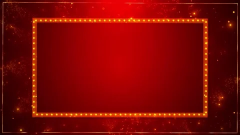 Red marquee light frame glowing golden bulbs, dark center panel, sparkling parti Stock Footage 340400512