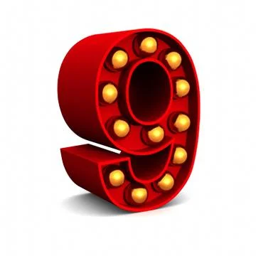 Red Marquee light letter 9 sign retro on white background. 3d rendering Stock Illustration