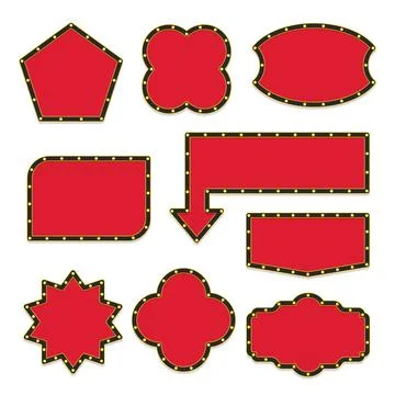 Red Marquee Light Sign Frames Set with Pentagon and Burst Star Stock Illustration