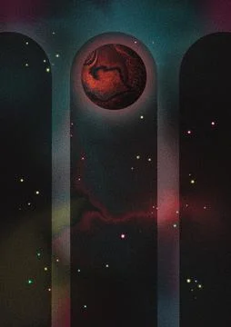 Red mars planet star night cosmos sky arch way Retro Space Stock Photos