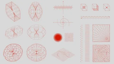 Red mathematical wireframe diagrams, force fields, abstract waveforms, and Illustrazione stock