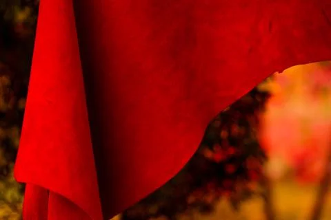 Red matte background of suede fabric, closeup. Velvet texture of seamless lea Stock Photos
