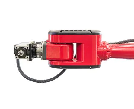 Red mechanical arm component, metallic finish, flexible black hose connecti.. Stock Photos
