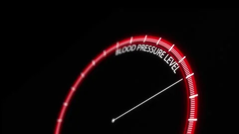 Red medical pressure meter visual glowing circular scale, sharp white needle, an Stock Footage 340567386