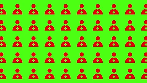 Red medical staff icons pattern on green background, healthcare concept Stock Footage 344875340
