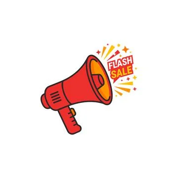 Red megaphone announcing a flash sale with radiating starbursts and text. Iso Stock Illustration