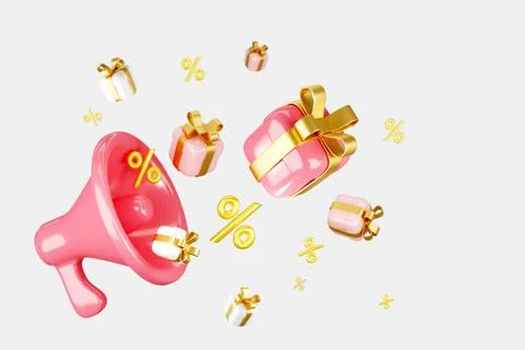 Red megaphone with gift boxes and percent signs on white background Stock Illustration