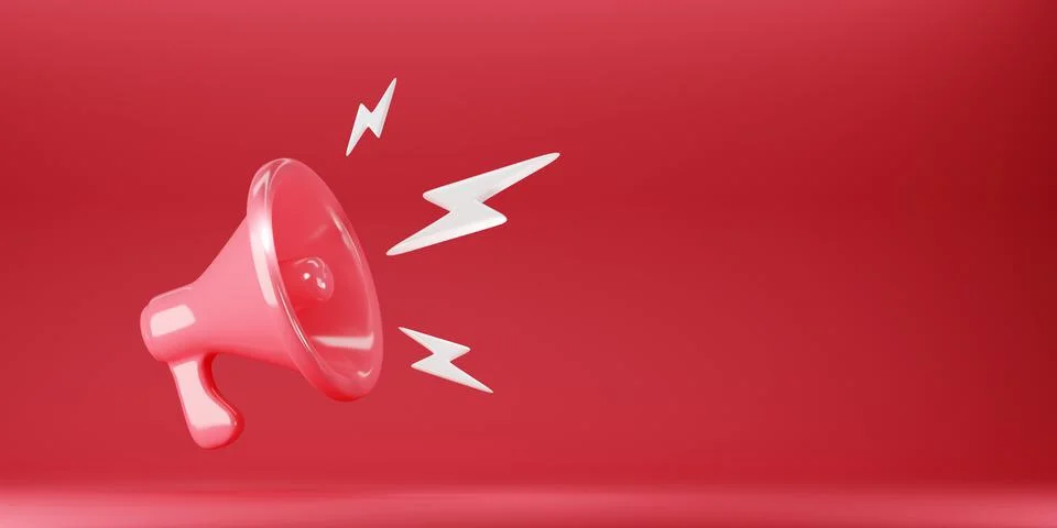 Red megaphone with silver lightning on red background Stock Illustration