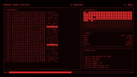 Red Memory Dump Utility Raw Hex Sector Map Event Log Terminal Screen. Video stock 347789172