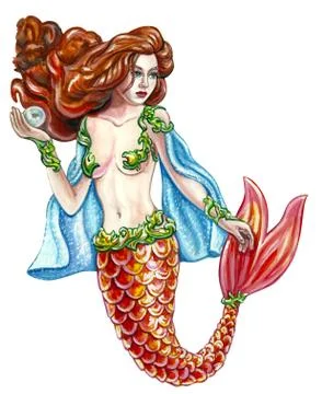 Red mermaid with a pearl in his hands Stock Illustration