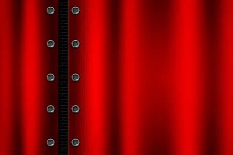 Red metal background with rivet on gray metallic mesh. Illustrazione stock