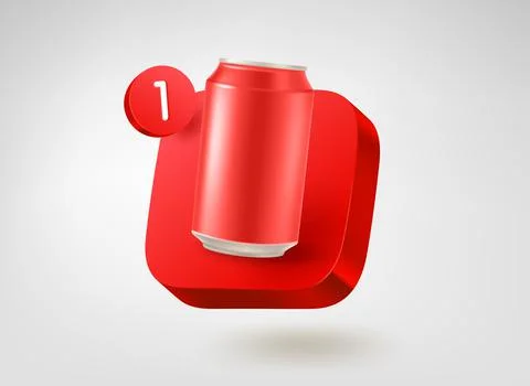 Red metal can on red button. 3d vector mobile application icon 스톡 일러스트