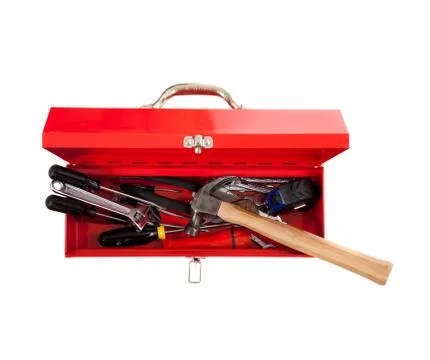 Red metal tool box with tools on white Stock Photos