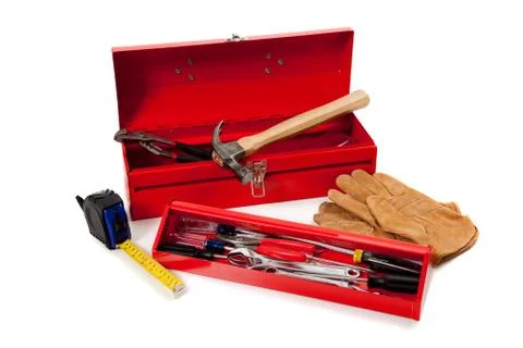 Red metal toolbox with tools Stock Photos