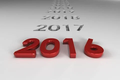 Red metallic 3D 2016 numerals are positioned on seamless gray plane, showing Stock Illustration