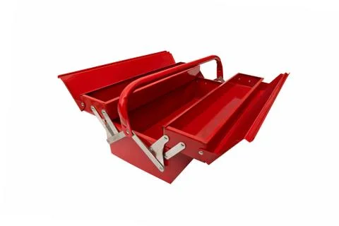 Red metallic closed iconic toolbox on white background Stock Photos