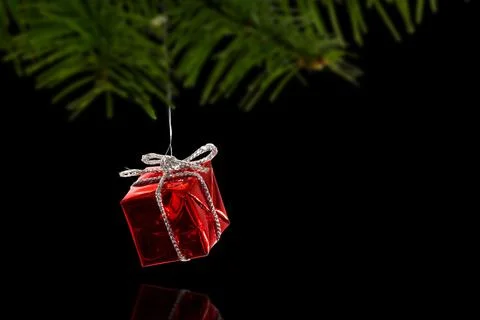 Red metallic vector gift ornament is hanging from fir needles with silver ribbon Stock Photos