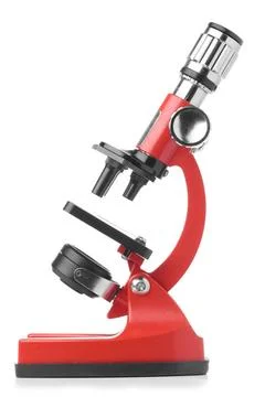 Red microscope side view of a red microscope isolated on white background ... Stock Photos