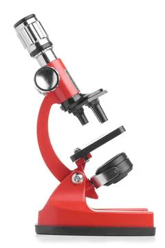 Red microscope side view of a red microscope isolated on white background ... Stock Photos