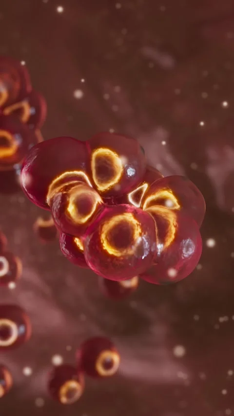 Red microscopic cells converge and fuse together Video stock 343359188