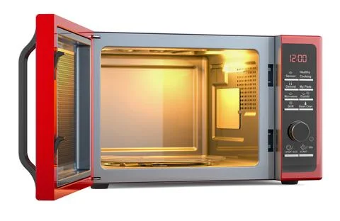 Red microwave oven with opened door, 3D rendering Stock-Illustration
