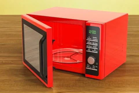 Red microwave on the wooden table. 3D rendering Stock-Illustration