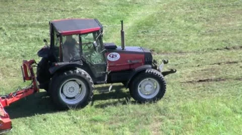 Red mini tractor mows grass on a sunny summer day in a large meadow in the city Stock Footage 10573001