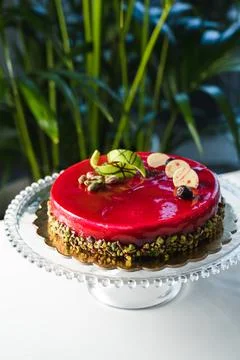 Red mirror half glazed cake with pistachio and chocolate on top Stock Photos