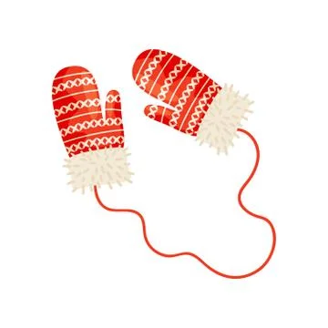 Red mittens with a pattern combined thread. Vector illustration. Stock Illustration