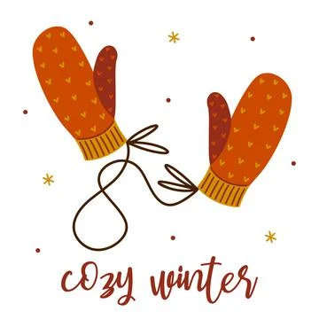 Red mittens vector icon. Pair of warm cozy gloves on a string Stock Illustration