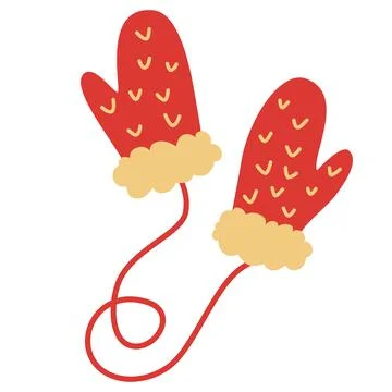 Red mittens. Winter mittens on strings. Scandinavian ornament. Winter time. c Stock Illustration