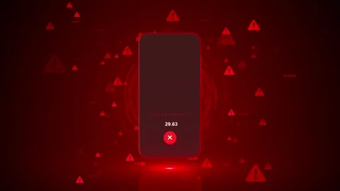 Red mobile security alert background phone screen, warning icons, cyber risk sym Stock Footage 340411938