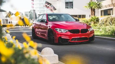 Red model sedan on the empty city roads,across green grass 스톡 사진