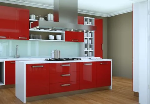 Red modern kitchen in a flat with beautiful design Stock Illustration
