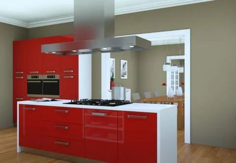 Red modern kitchen in a flat with beautiful design Stock Illustration