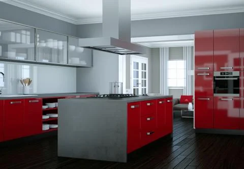 Red modern kitchen interior design illustration Stock Illustration