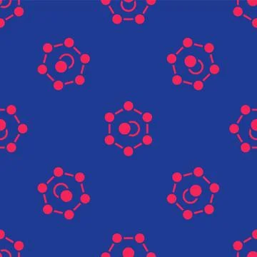Red Molecule icon isolated seamless pattern on blue background. Structure of Stock Illustration