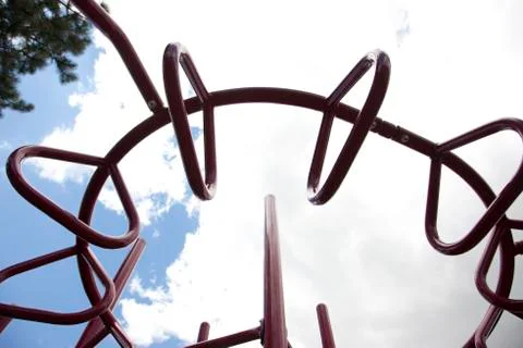 Red monkey bars view from underneath Stock Photos