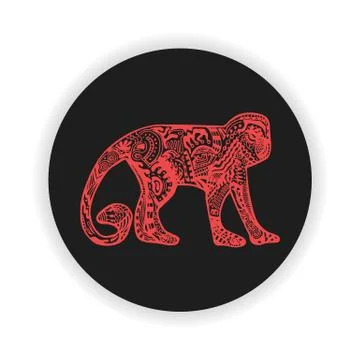 Red monkey with hand-drawn pattern on black Stock Illustration