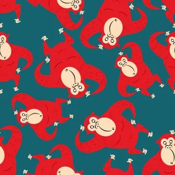 Red monkey seamless pattern. Funny Gorilla character new year Chinese calenda Stock Illustration