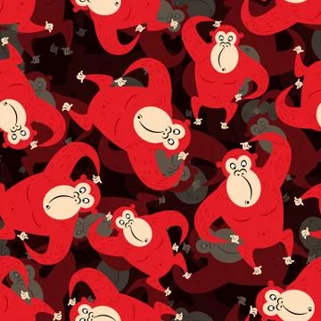 Red monkey surround background. Seamless pattern from gorilla. Wild animal fr Illustrazione stock