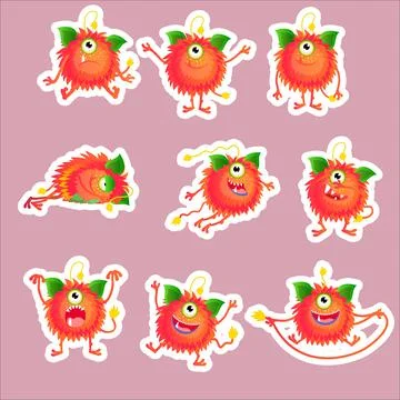 Red monster character set different poses Stock Illustration