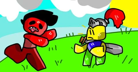 Red monster suddenly attacks a knight Stock Illustration