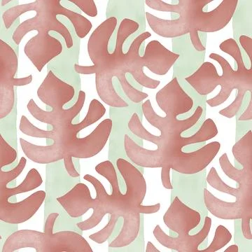 Red Monstera Leaves Pattern with Green Striped Background Stock Illustration