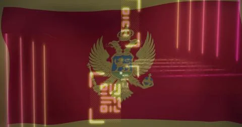 Red Montenegrin flag with eagle, blue shield crest waving in studio, with neon イラスト素材