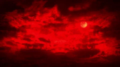 Red Moon With Clouds Parting And Lightning Frightening Sky Stock Footage 300062432