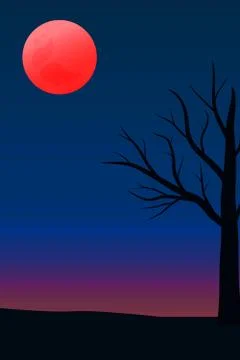 Red moon in sky night with dry tree. Stock Illustration
